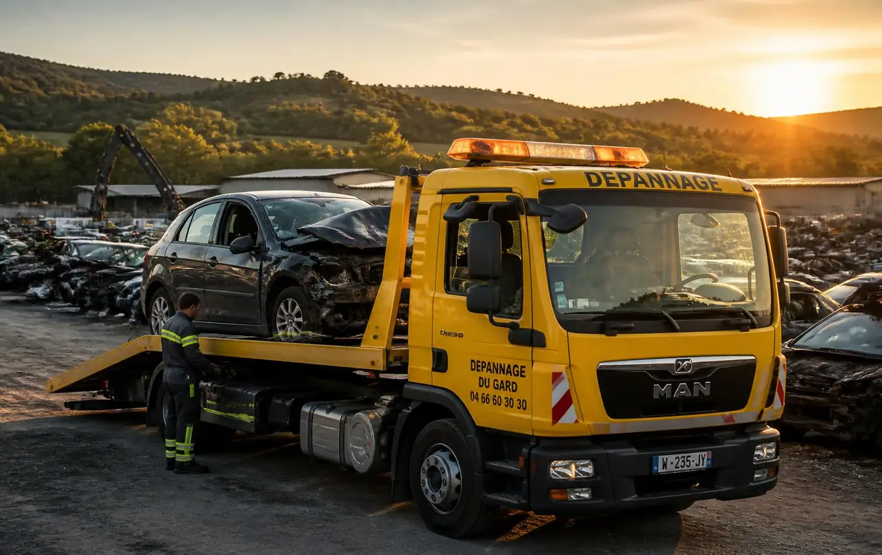 Camion plateau d'épaviste chargeant une épave de voiture dans le Gard